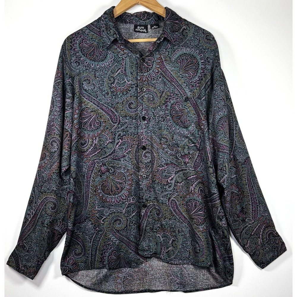 Vintage 90s Bon Homme Rayon Paisley Shirt Mens Medium Made in USA Button Front